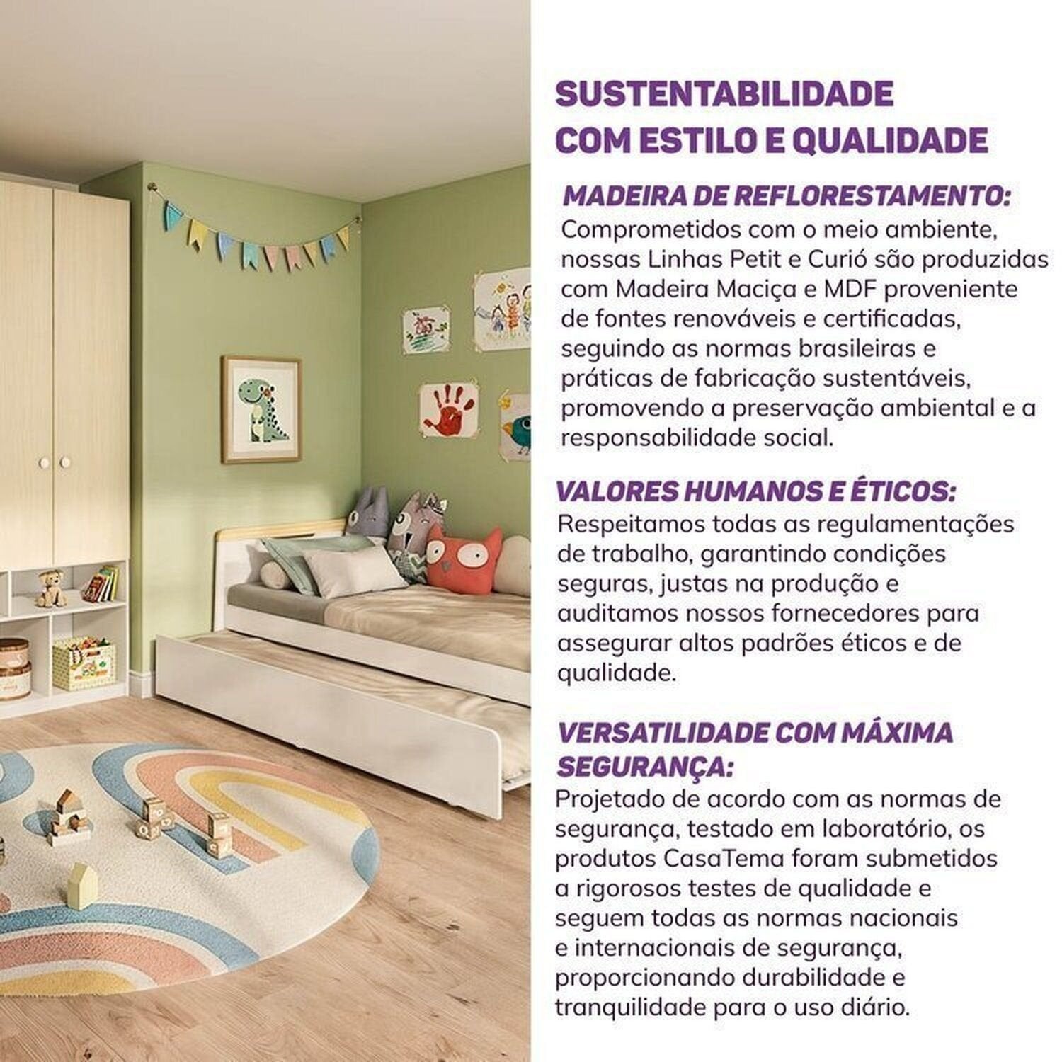 Quarto Completo com Guarda-Roupa Curió e Bicama Petit Casatema MadeiraOriginals Branco/Mel