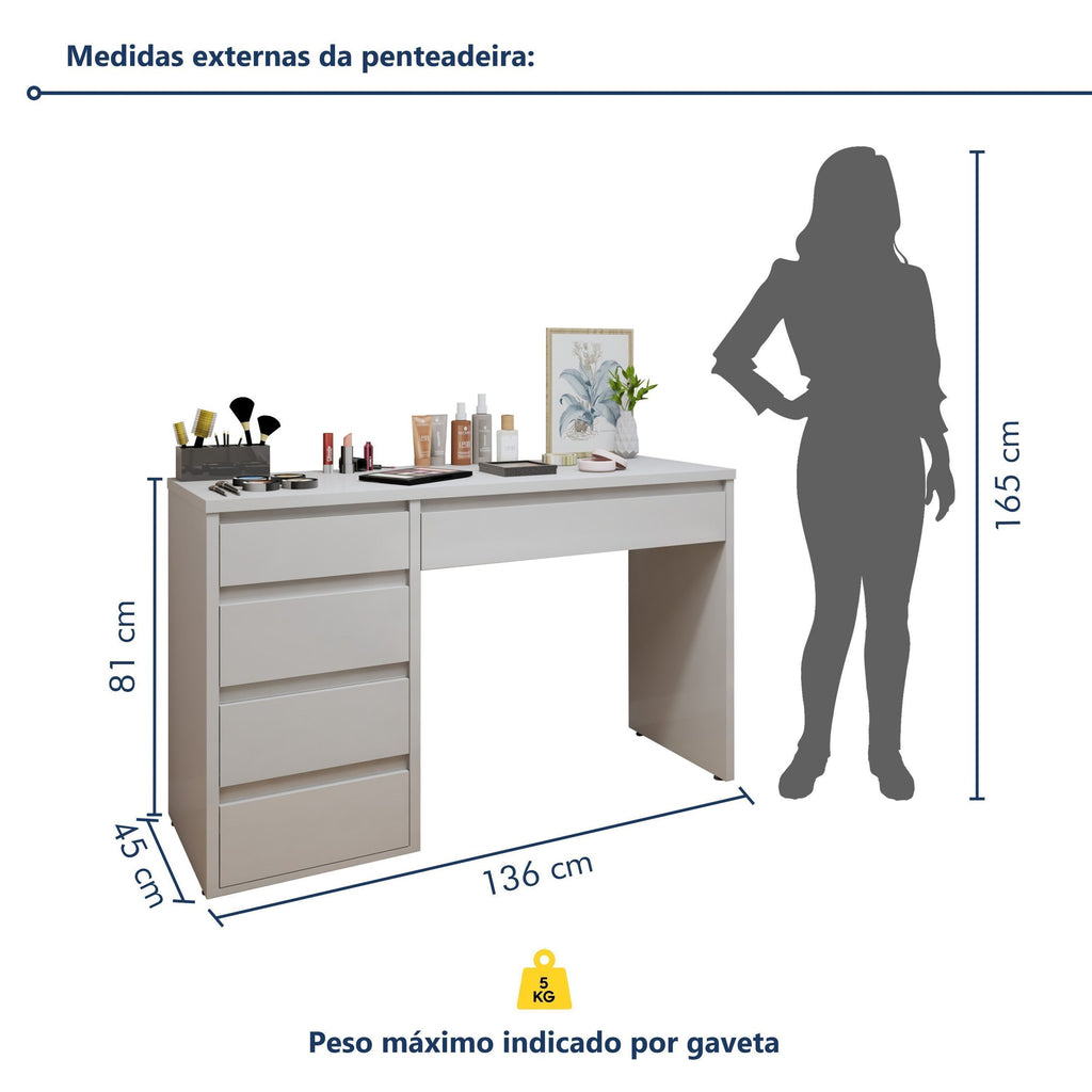 Penteadeira 5 Gavetas 100% MDF sem Espelho Giulia Yescasa Off White