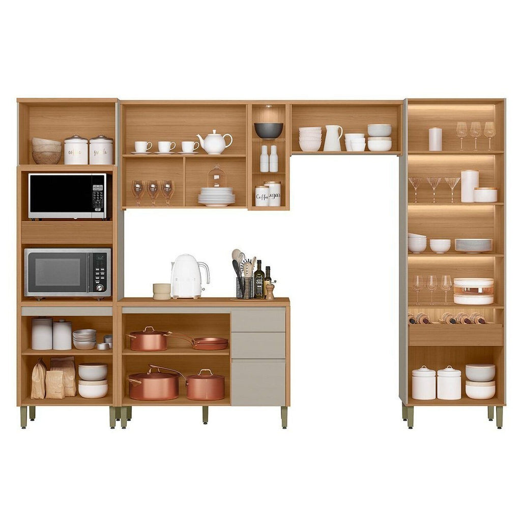 Cozinha Completa Modulada 5 Peças com Torre Quente e Cristaleira Allure Marrom/Jequitibá/Gris Fosco Linea Brasil