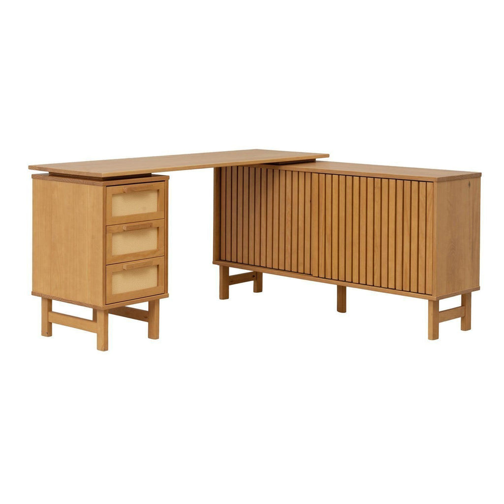 Escrivaninha em L Madeira Maciça 3 Gavetas Rattan e Portas Ripadas Magna CabeCasa MadeiraMadeira