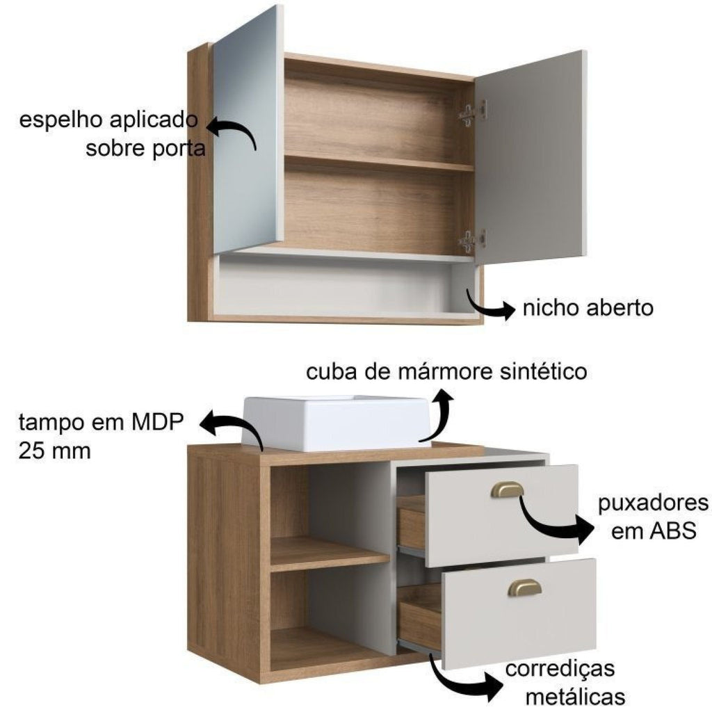 Conjunto para Banheiro Gabinete Suspenso com Cuba e Espelheira Helena FAEMA 80cm Marrom/Mel/Arenas