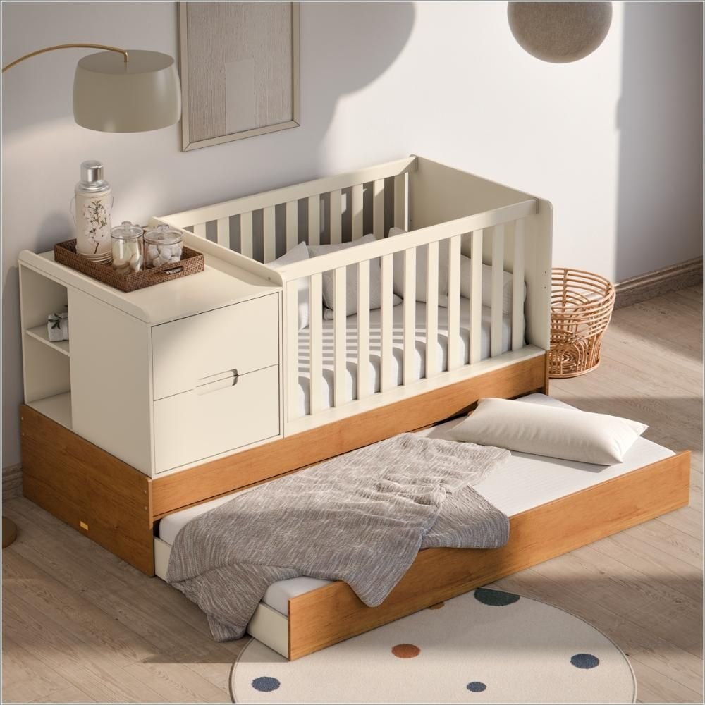Berço Laqueado 100% MDF Formare com Gavetas e Nicho Off White/Freijó 61510 Matic