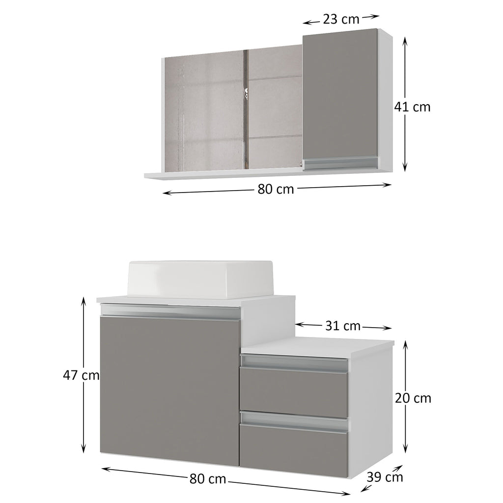 Kit Gabinete para Banheiro Completo Móveis Joia Cross 80cm Cuba Espelheira Branco