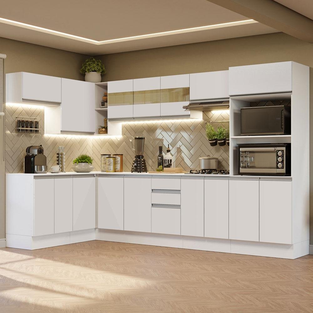 Armário de Cozinha Completa de Canto 100% MDF 447cm Branco/Rustic/Crema Smart Madesa 02