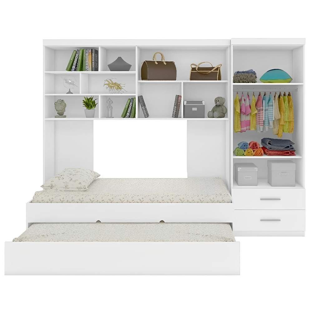 Quarto Infantil Chiara 4 Peças Roupeiro 2 Portas Módulo Aéreo Cama com Auxiliar Branco Phoenix Baby