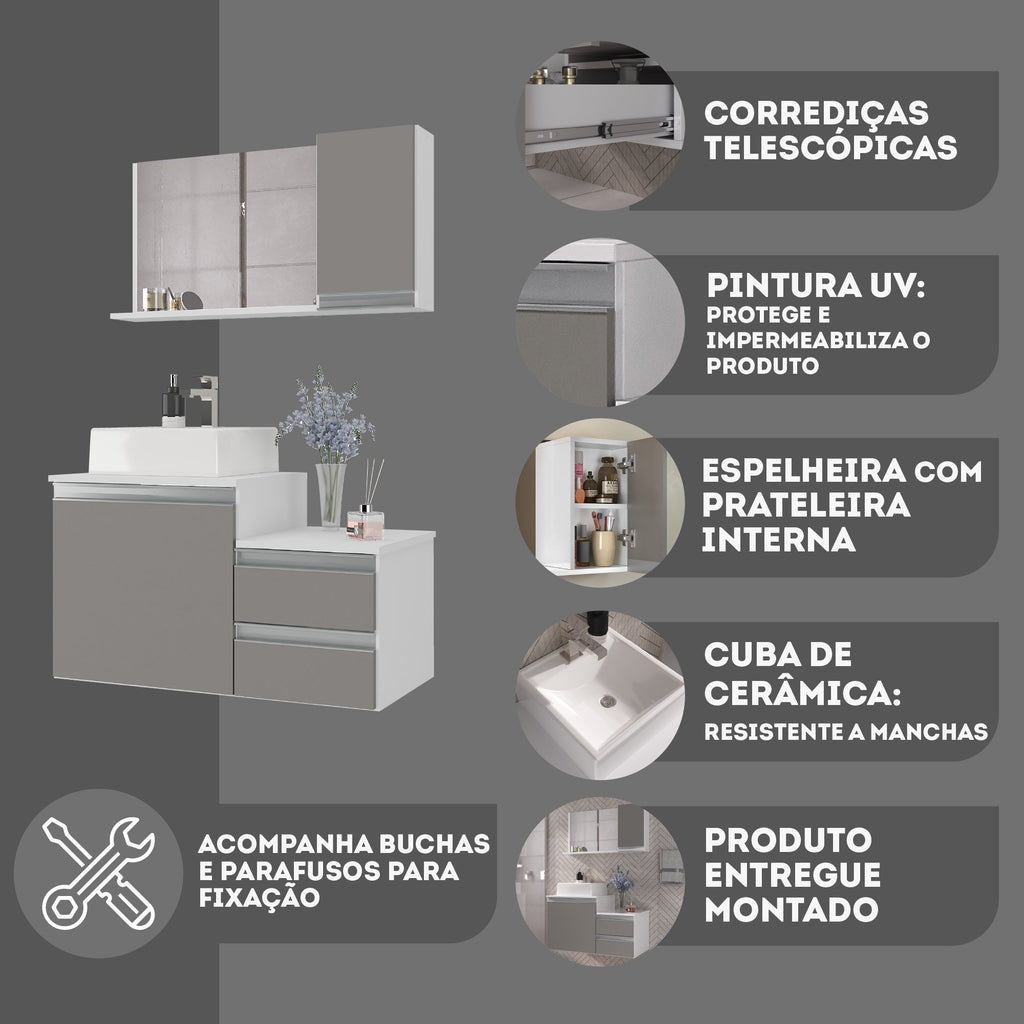 Kit Gabinete para Banheiro Completo Móveis Joia Cross 80cm Cuba Espelheira Branco