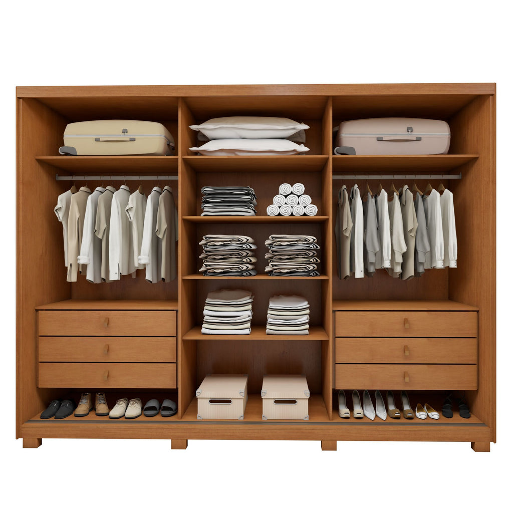Guarda-Roupa Casal 3 Portas 6 Gavetas com Pés MDF 274cm Ollie Yescasa Marrom Amêndoa Clean/Off White