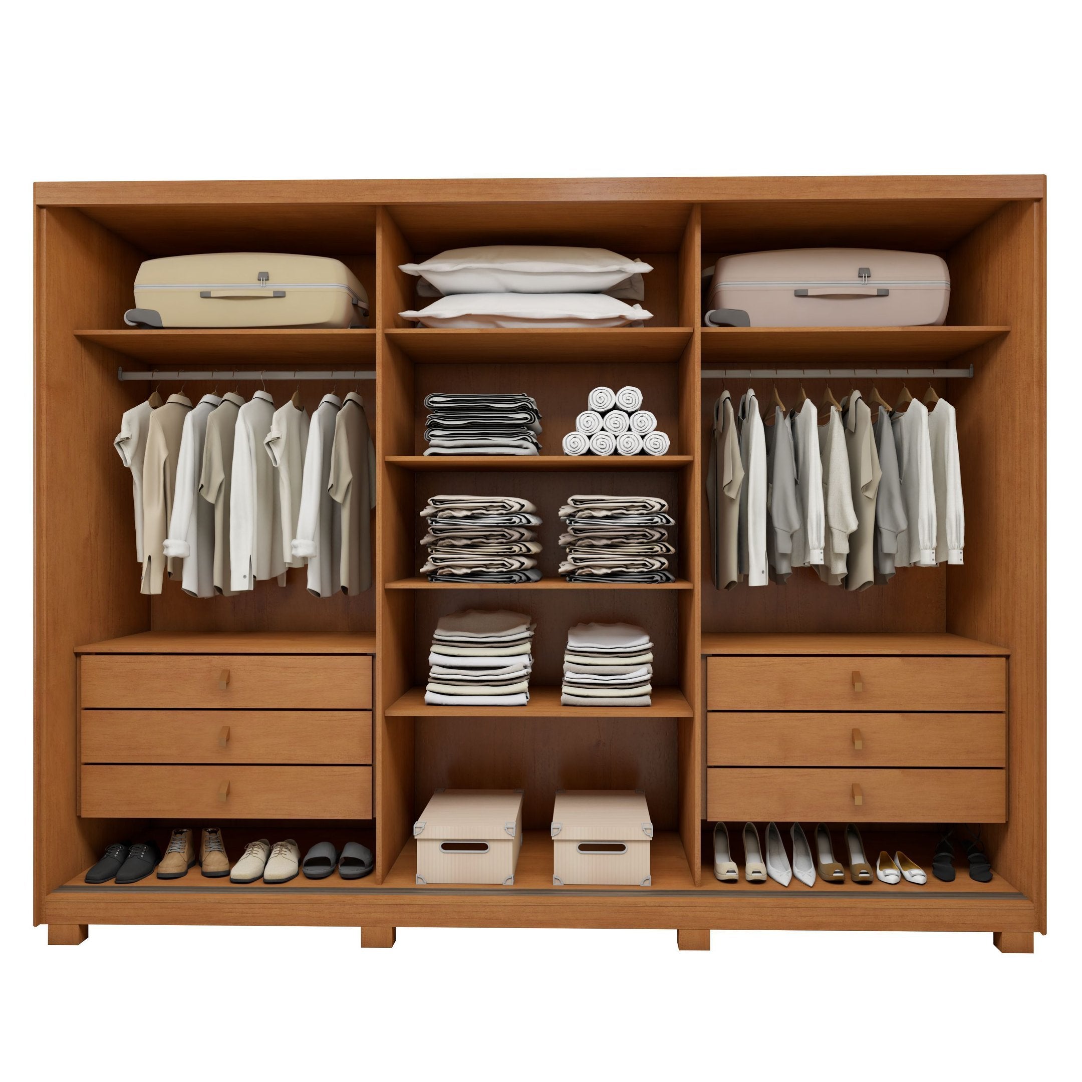 Guarda-Roupa Casal 3 Portas 6 Gavetas com Pés MDF 274cm Ollie Yescasa Marrom Amêndoa Clean/Off White