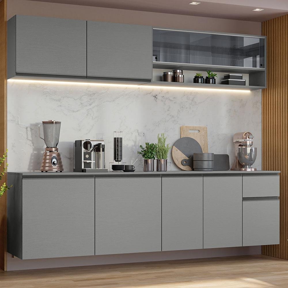 Armário de Cozinha Completa 240cm Suspenso Nice Madesa 05 Cinza