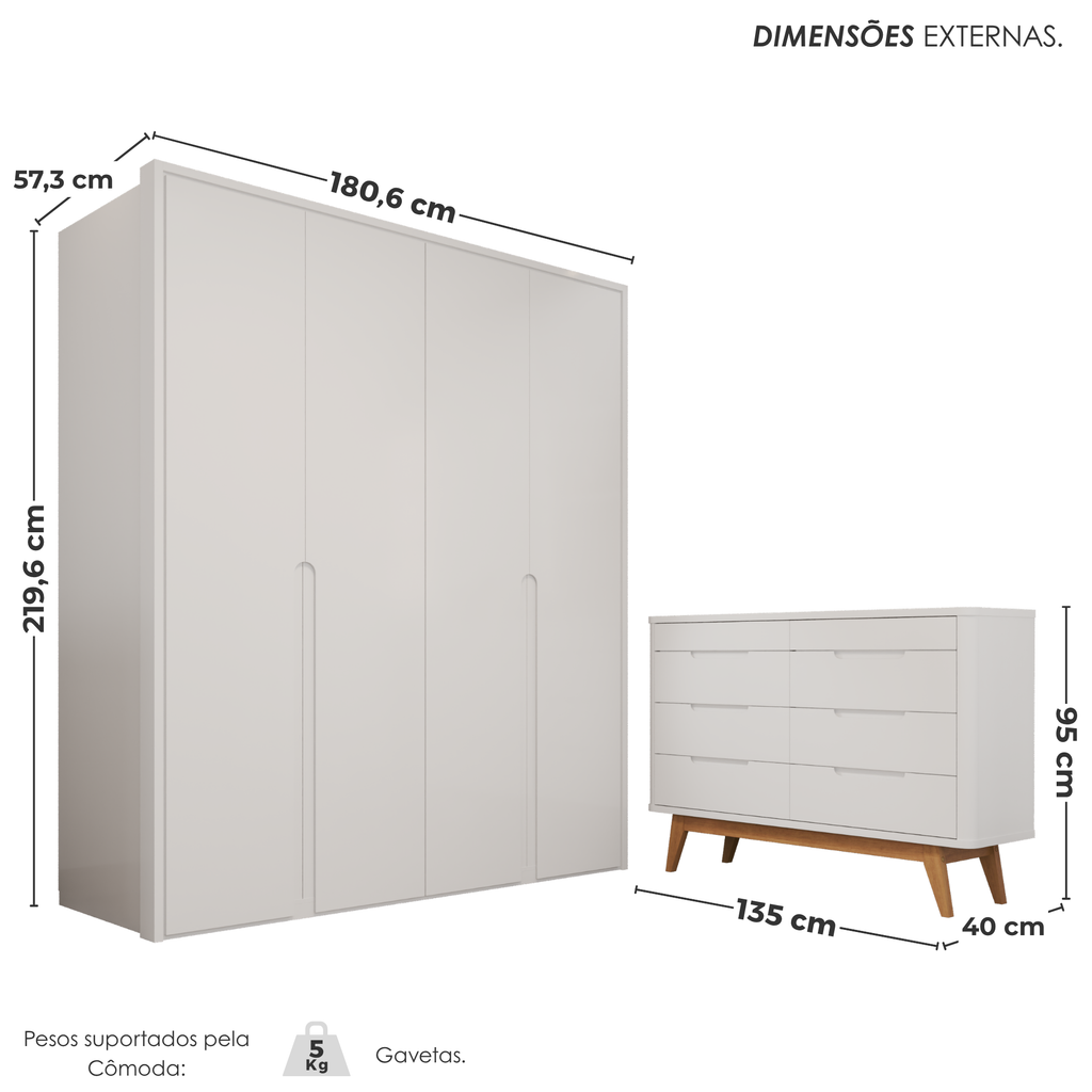 Conjunto Infantil Guarda-Roupa 6 Portas e Cômoda 8 Gavetas Lizz Vicenza MDF Casa D