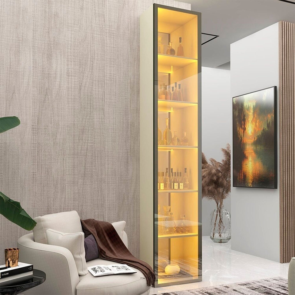 Cristaleira 1 Porta Reflecta com Fita LED e Espelho 100% MDF Luminare Gelius Móveis Bege/Off White