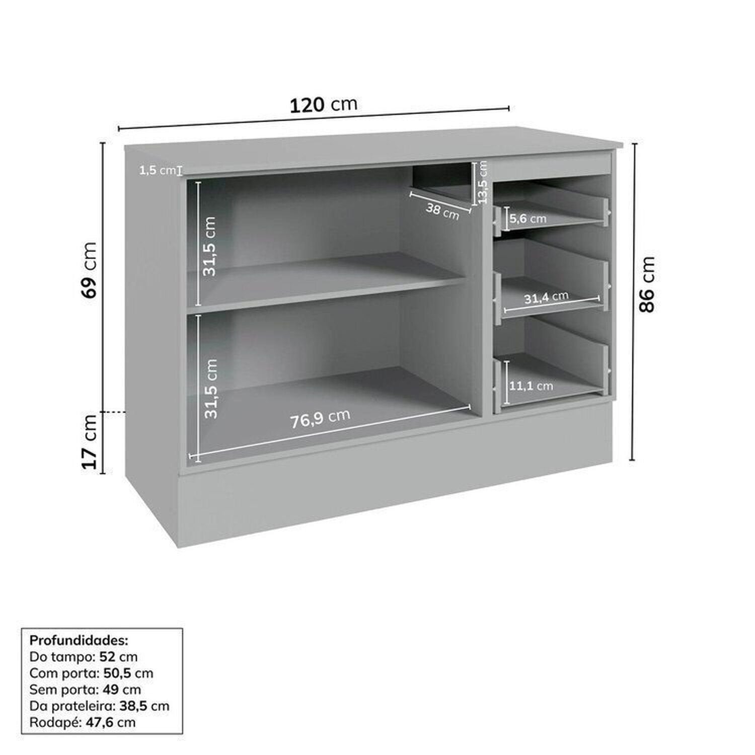 Cozinha Modulada Nara CabeCasa MadeiraOriginals 15 Peças 11 Aéreos 3 Balcões 1 Cristaleira Cinza
