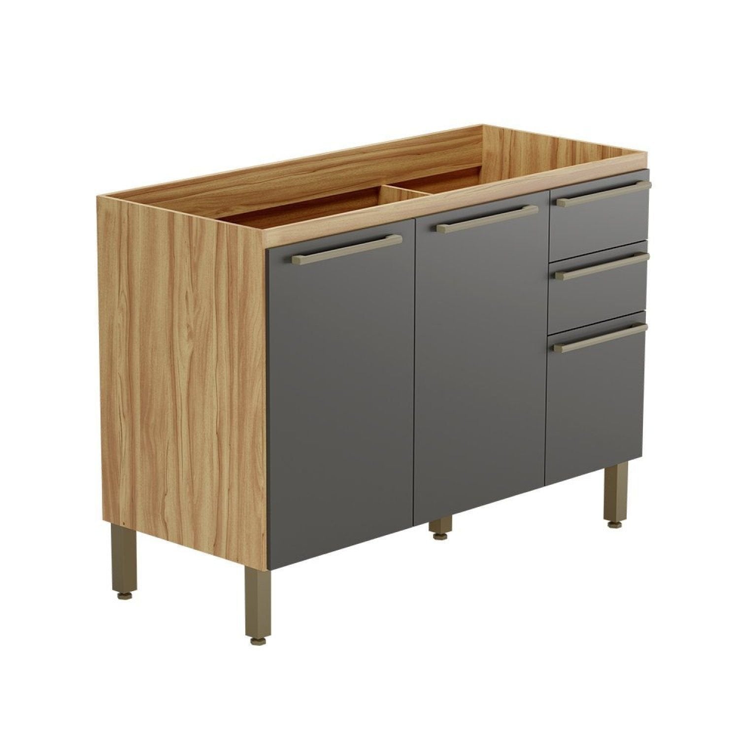 Balcão de Cozinha para Pia 3 Portas 2 Gavetas 120cm sem Tampo Itália Espresso Móveis Amêndoa/Chumbo