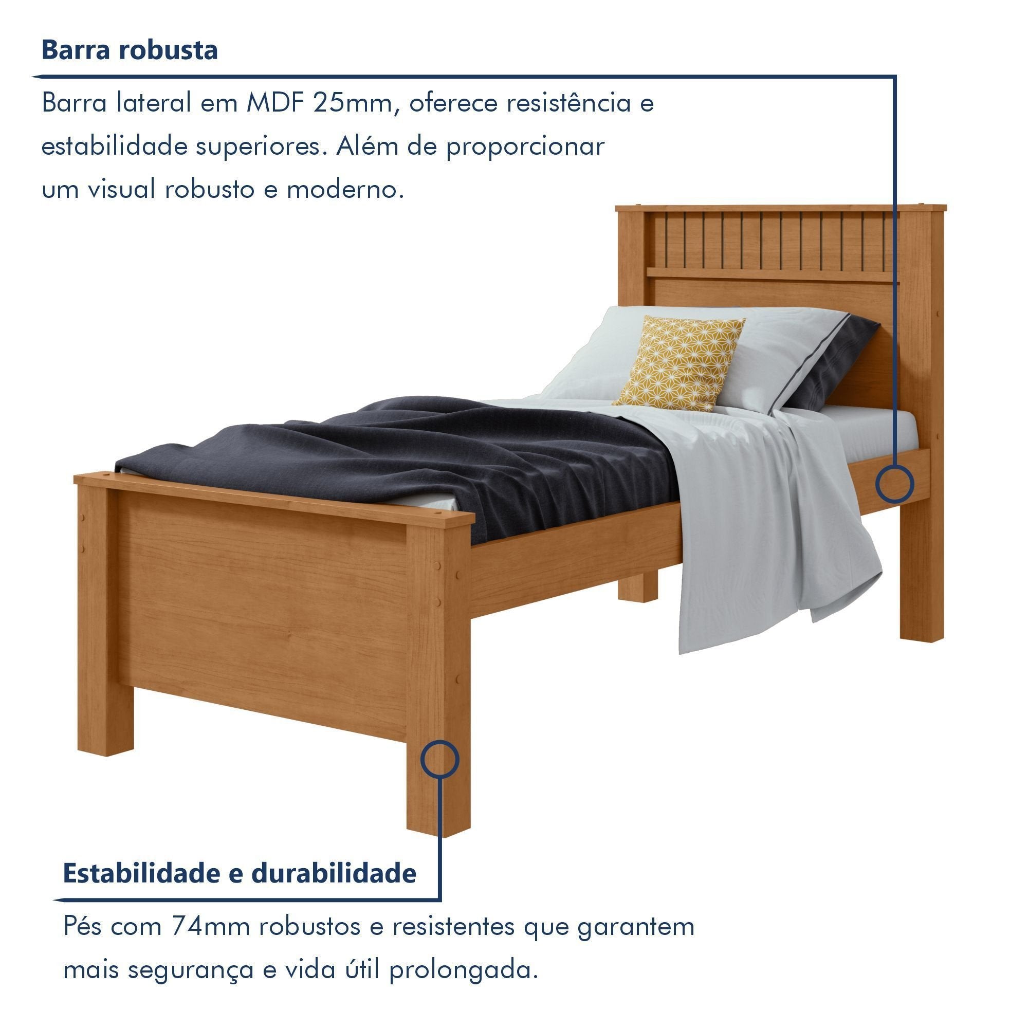 Cama Solteiro Detalhe Ripado Athenas Móveis Lopas Amêndoa Clean