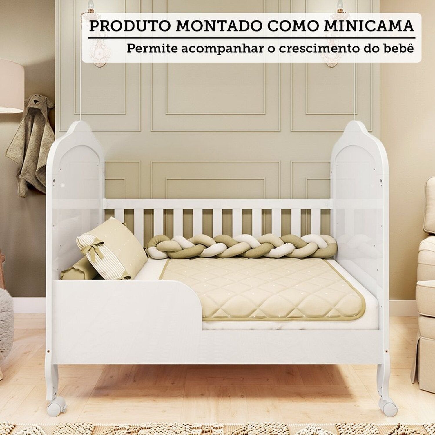 Quarto de Bebê com Guarda-Roupa Cômoda e Berço com Capitonê Maya Provençal 100% MDF Yescasa Branco/B