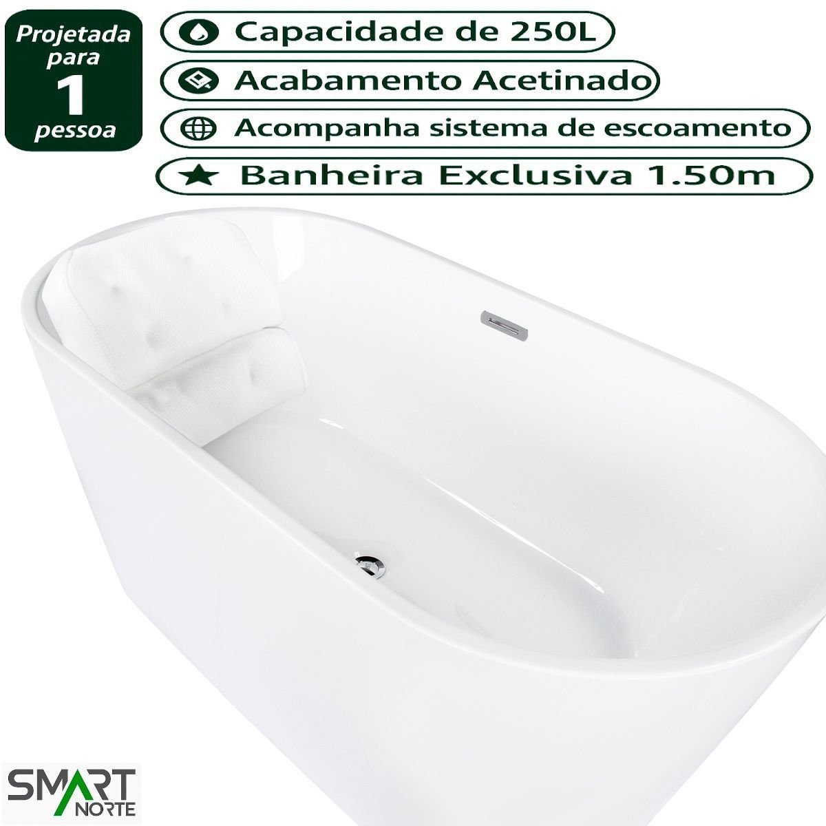 Banheira Imersão Freestanding Acrílica Premium 150cm Smart Norte