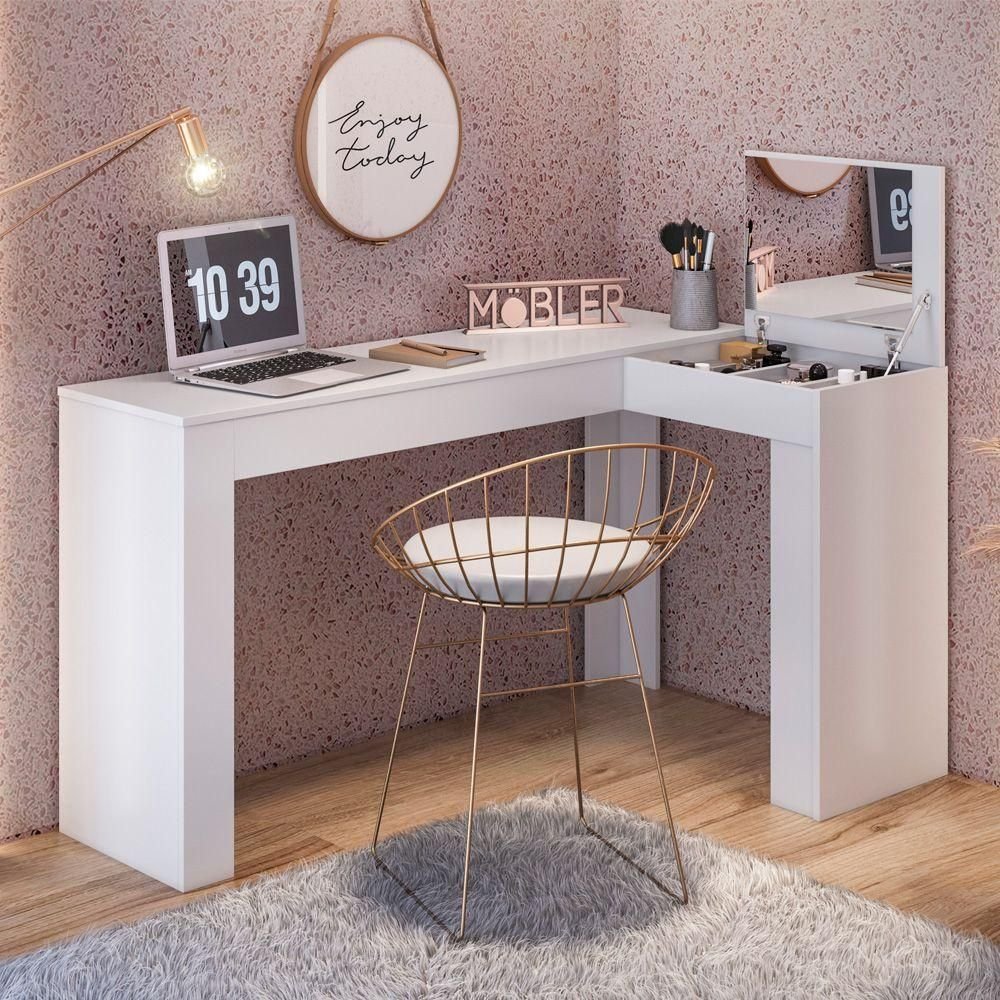 Escrivaninha Mesa Escritório Penteadeira em L Porta Objetos Jade 135,5cm Belaflex