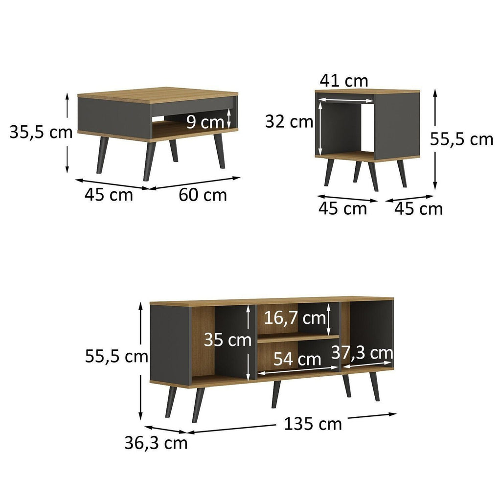 Conjunto Sala de Estar 3 Peças Rack para TV Mesa de Centro e Apoio Tóquio Ozini