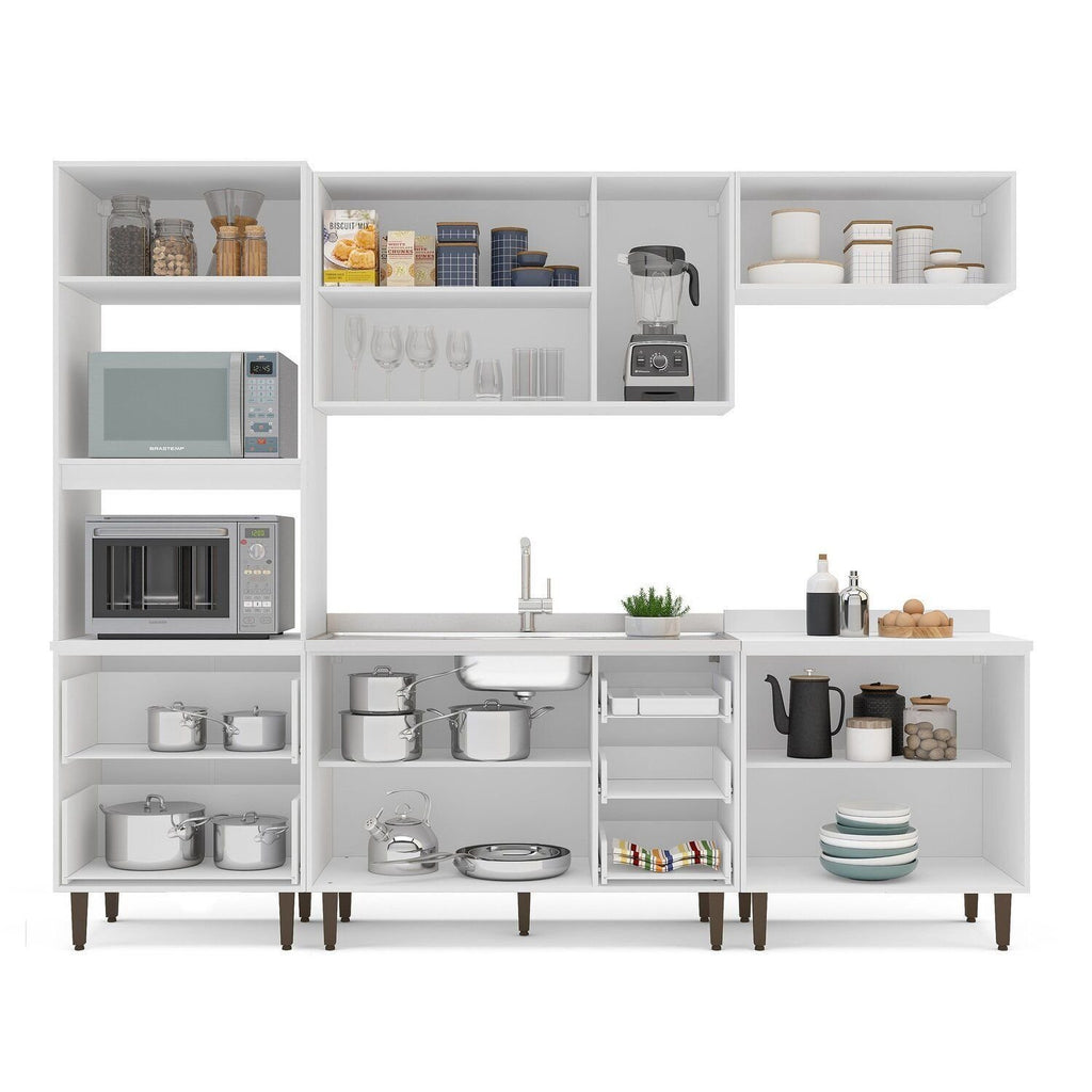Cozinha Completa Modulada Pérola Yescasa 5 Peças Torre Quente Aéreo 3 Portas Balcão 120 Balcão 80 Basculante Branco