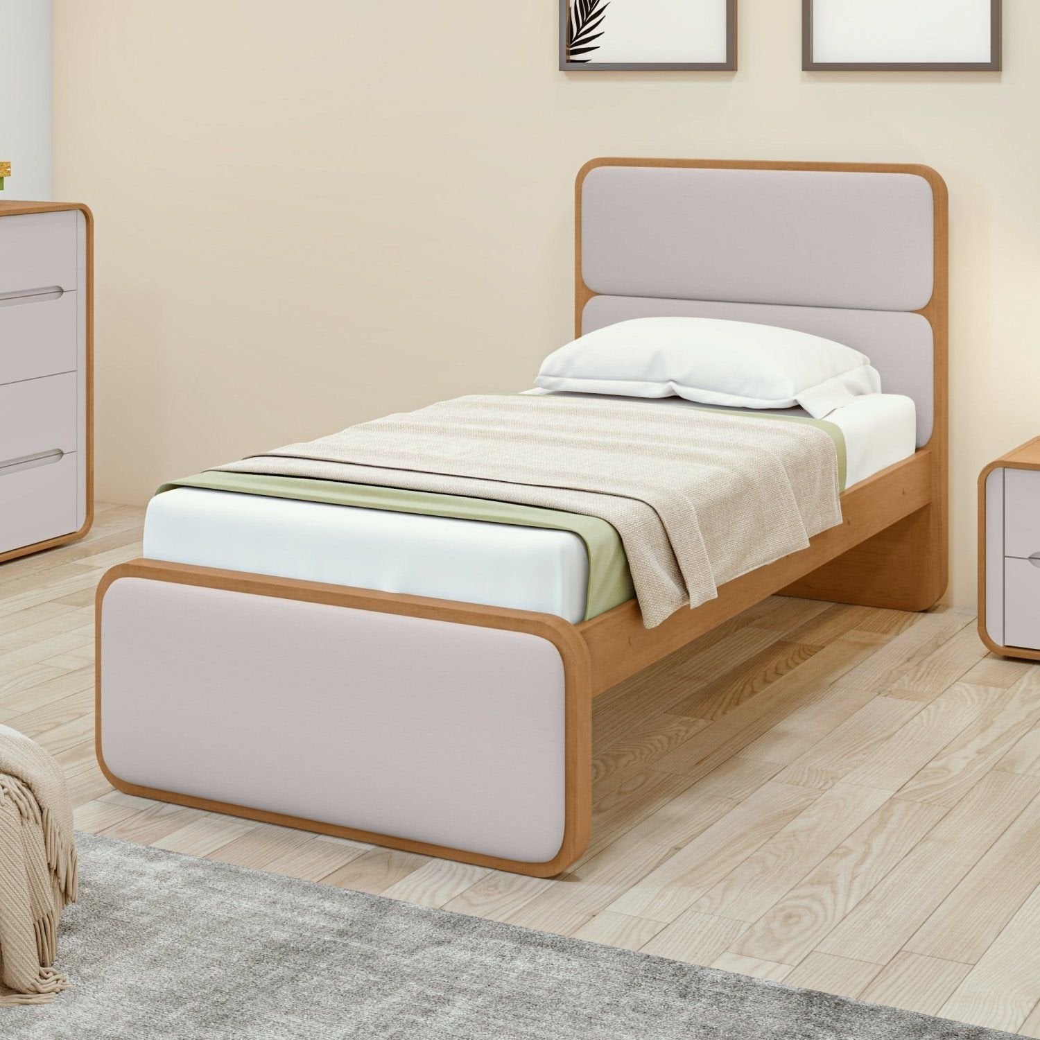 Cama Solteiro Corino Cabeceira Estampada Loop Móveis Lopas Amêndoa Clean/Off White