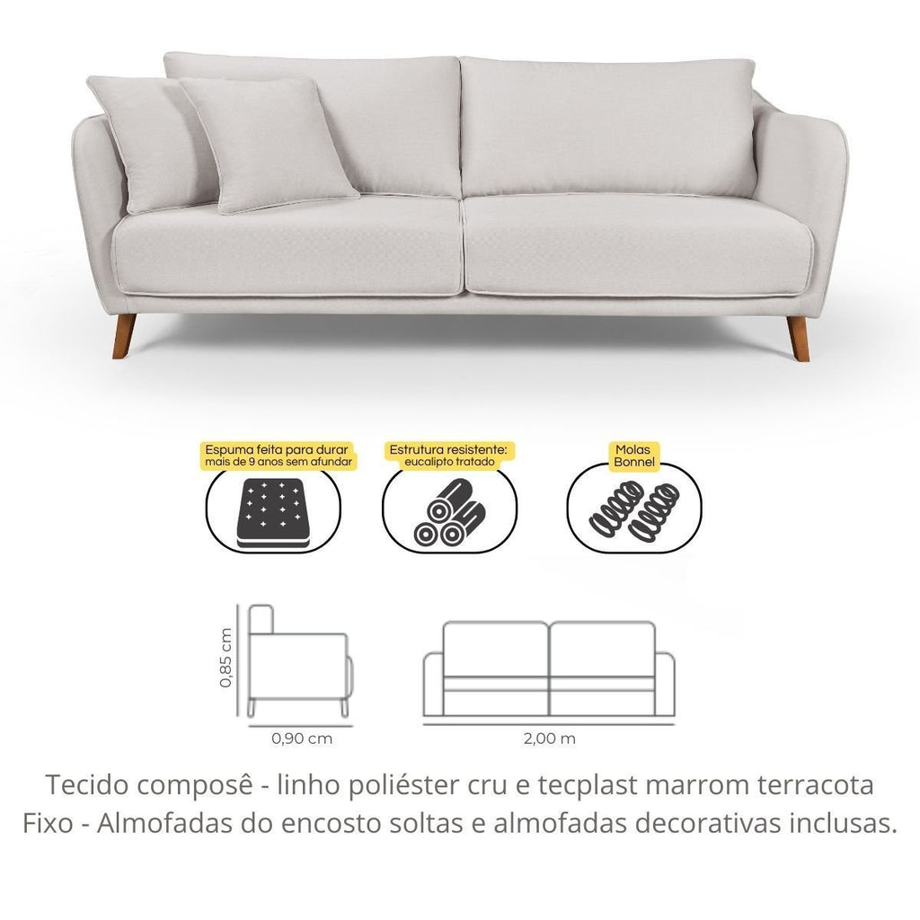 Conjunto Sofá Living Hórus e Duas Poltronas Tecido Composê Linho Cru e Marrom Terracota 2,00m