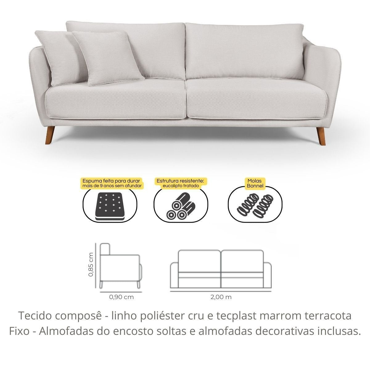 Conjunto Sofá Living Hórus e Duas Poltronas Tecido Composê Linho Cru e Marrom Terracota 2,00m