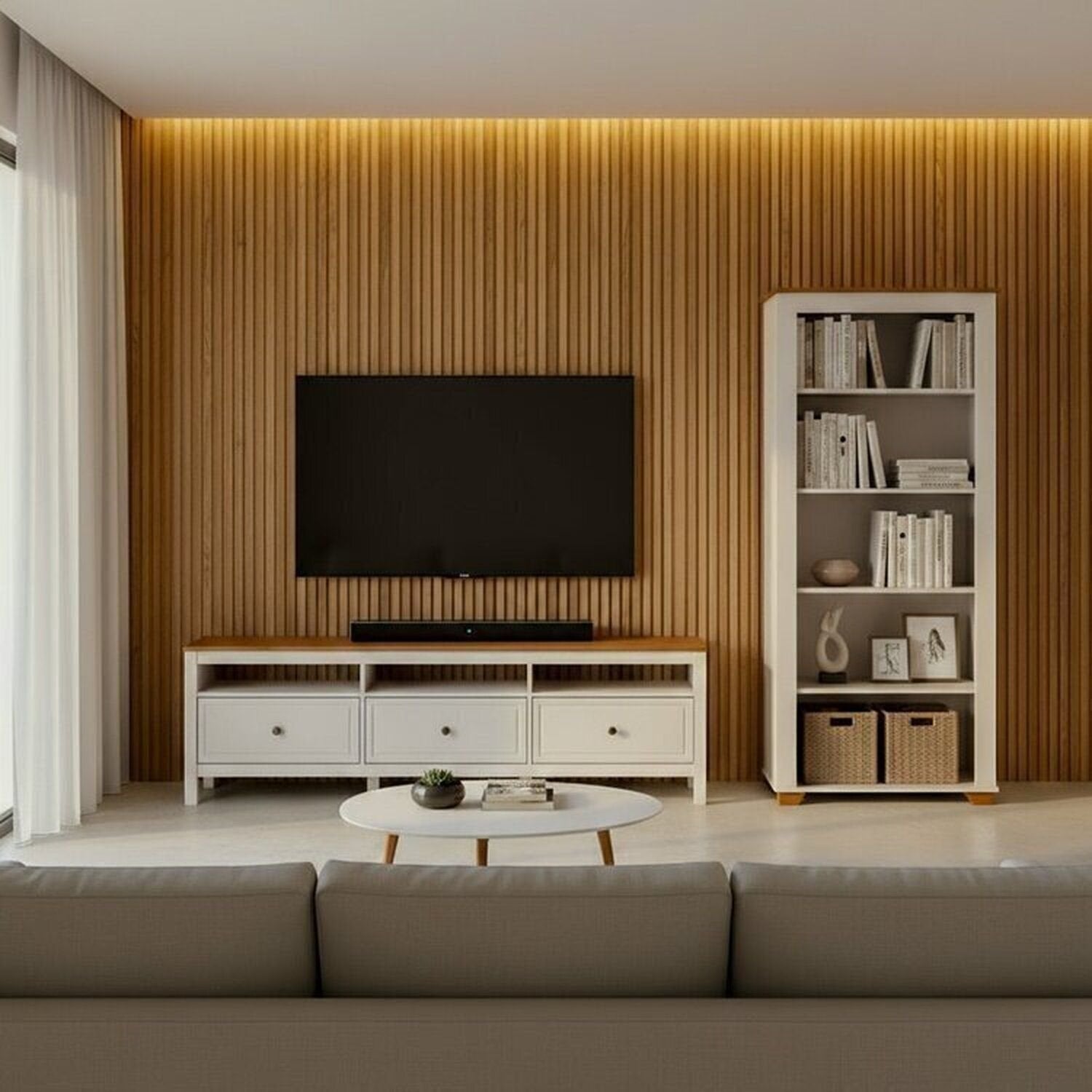 Conjunto Sala de Estar 2 Peças com Rack e Estante Ananda CabeCasa MadeiraOriginals Branco Off White/Mel