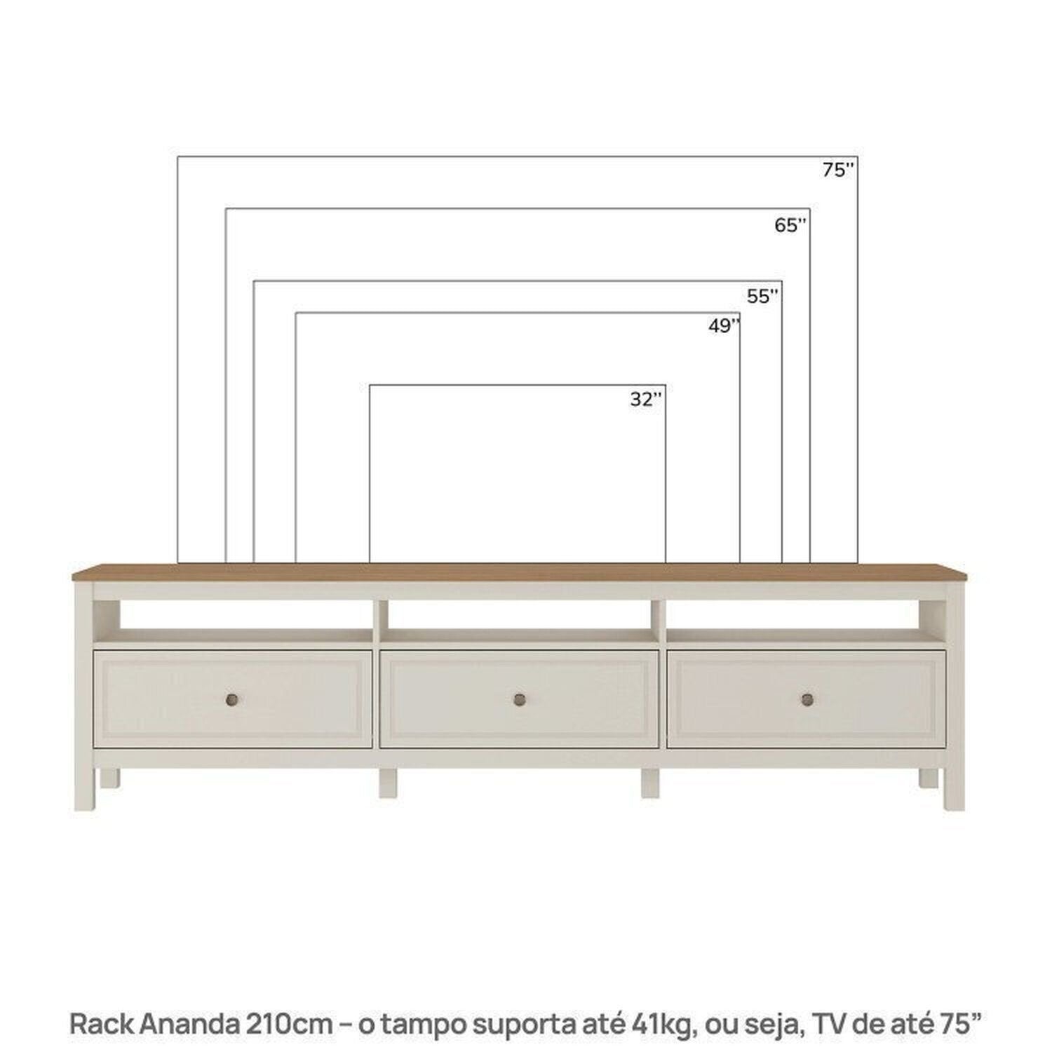 Conjunto Sala de Estar Ananda Rack Estante e Cristaleira Madeira Maciça Off White/Mel CabeCasa MadeiraMadeira