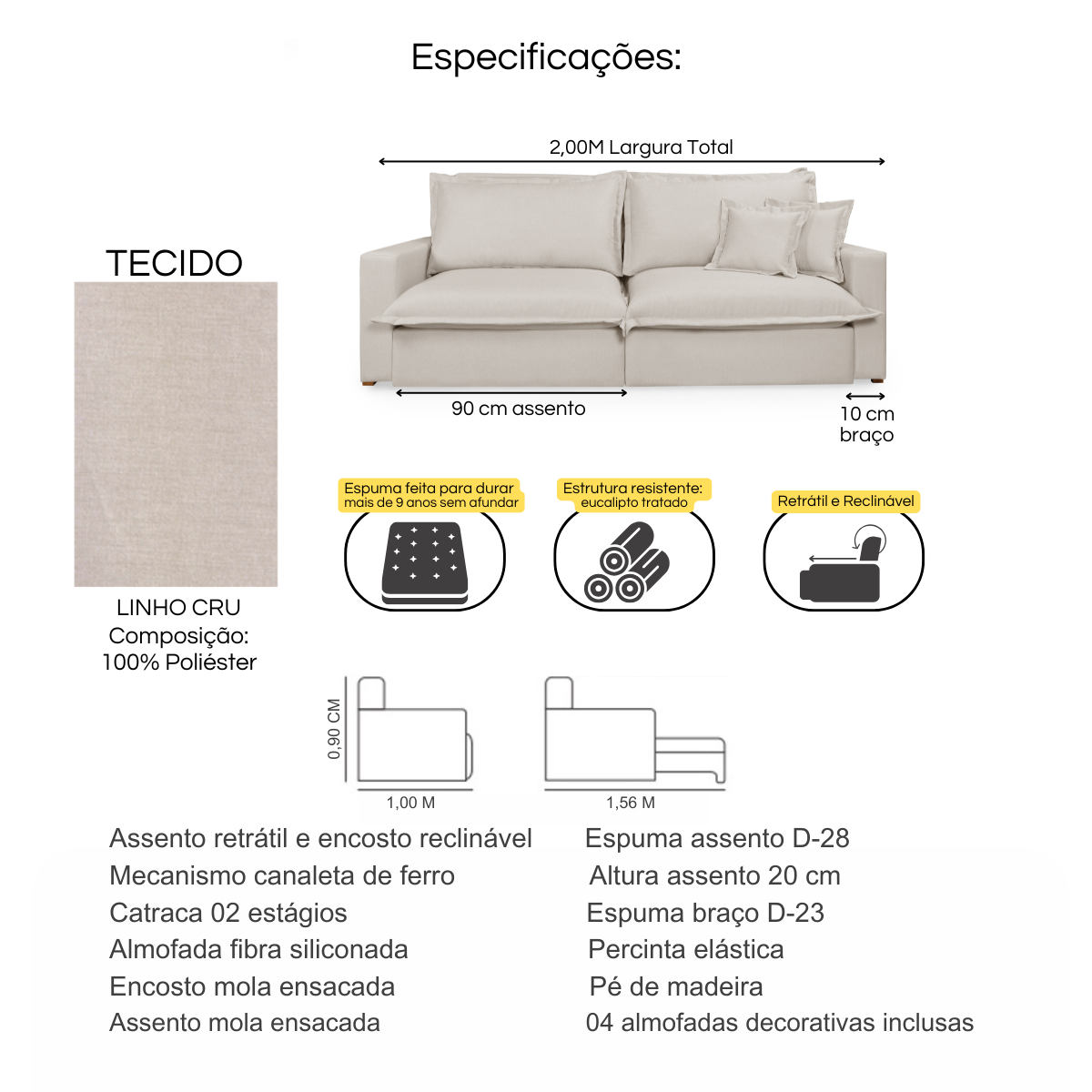 Sofá Retrátil e Reclinável Davi Original com Molas Ensacadas Tecido Linho Cru 2,00m Móveis Hórus