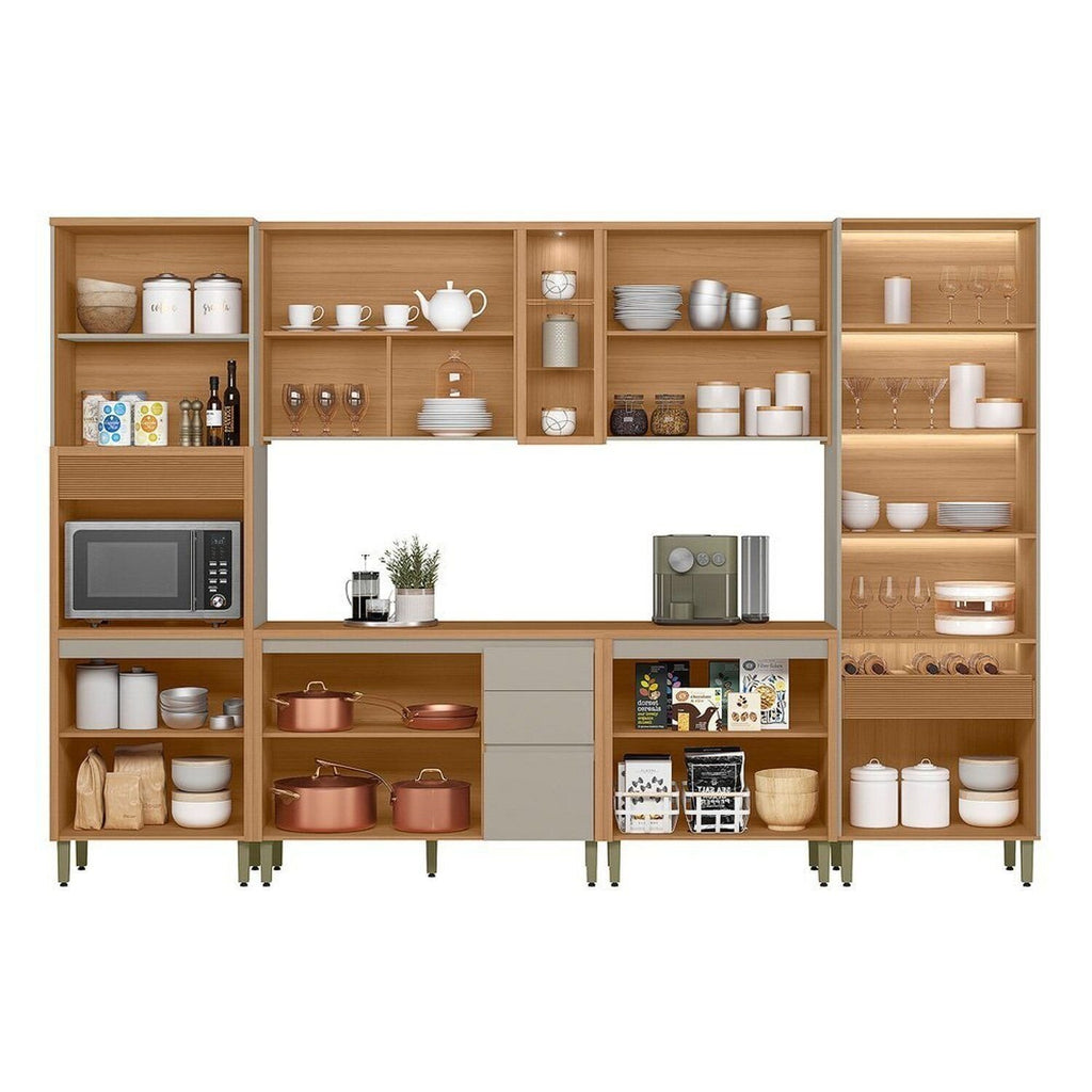 Cozinha Completa Modulada 6 Peças Torre Simples Cristaleira Allure Marrom/Jequitibá/Gris Fosco Linea Brasil