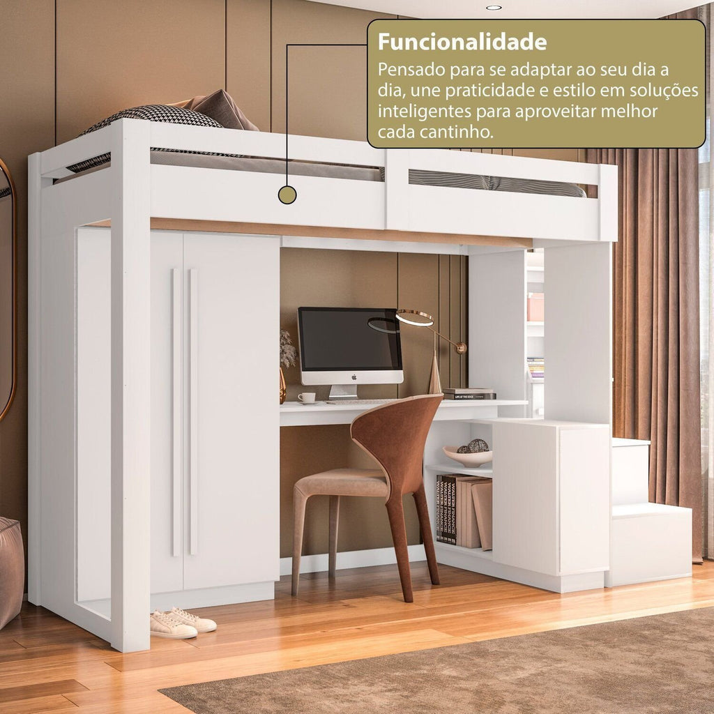 Cama Alta Beliche Office Adulto com Roupeiro e Escrivaninha Moon Yescasa Branco
