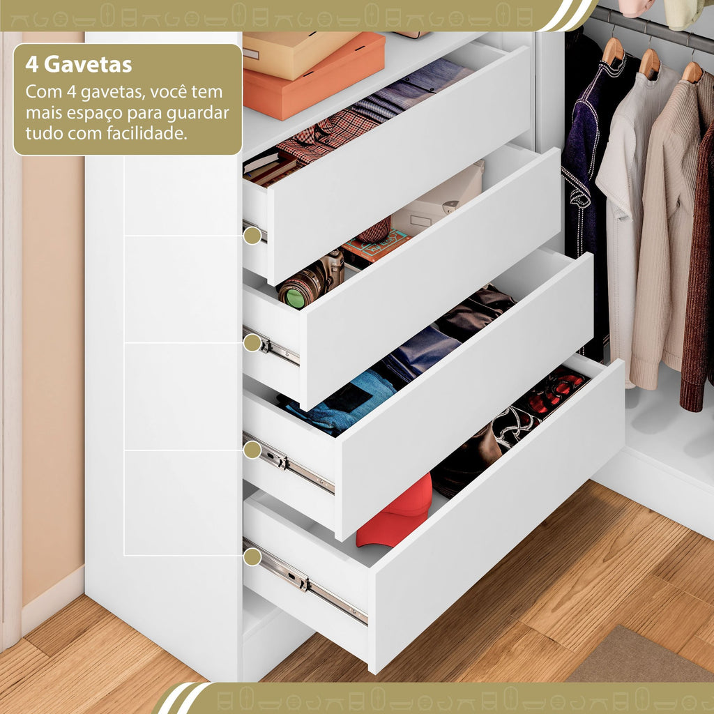 Guarda-Roupa Casal Canto 4 Portas 4 Gavetas Versatille Yescasa 100% MDP Branco