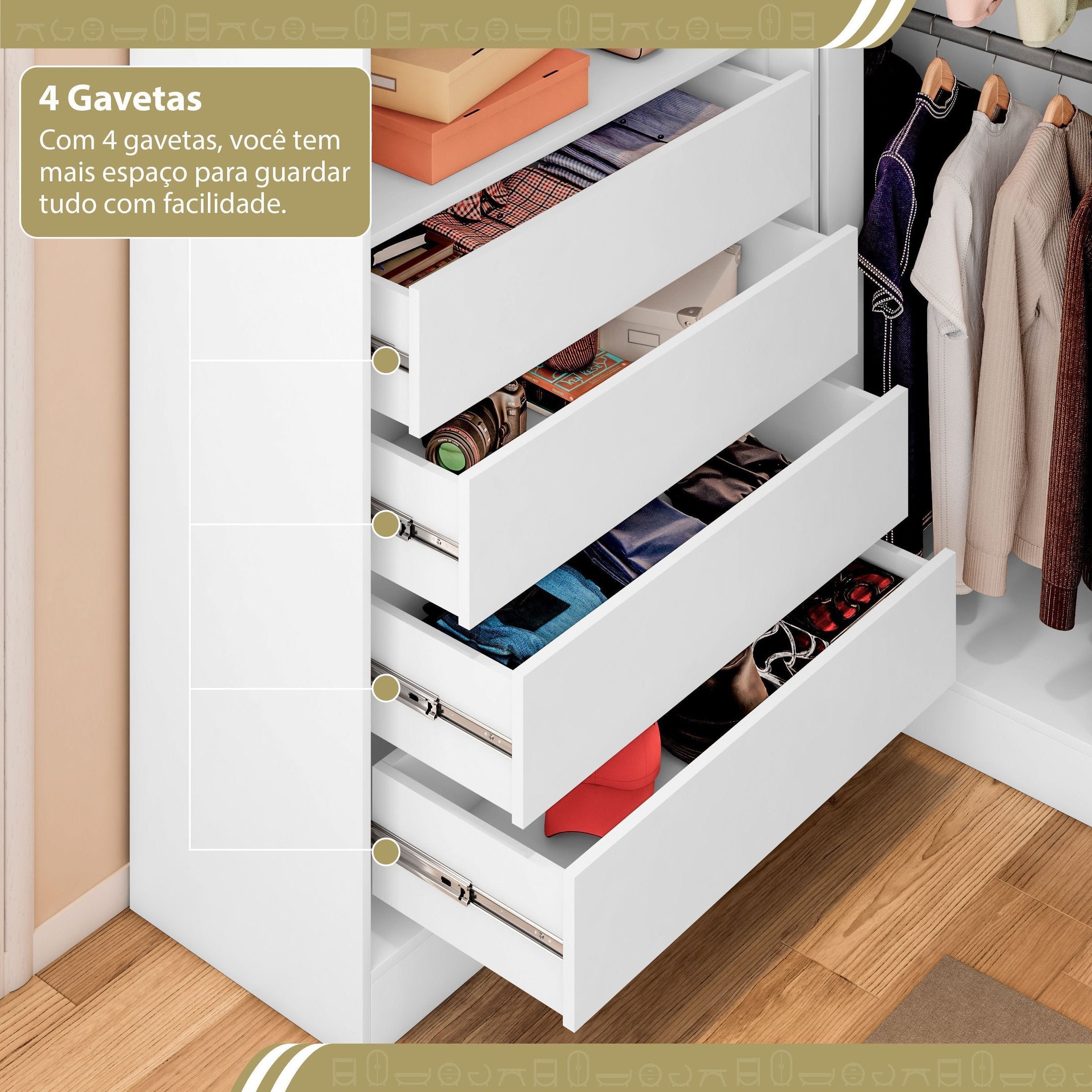 Guarda-Roupa Casal Canto 4 Portas 4 Gavetas Versatille Yescasa 100% MDP Branco