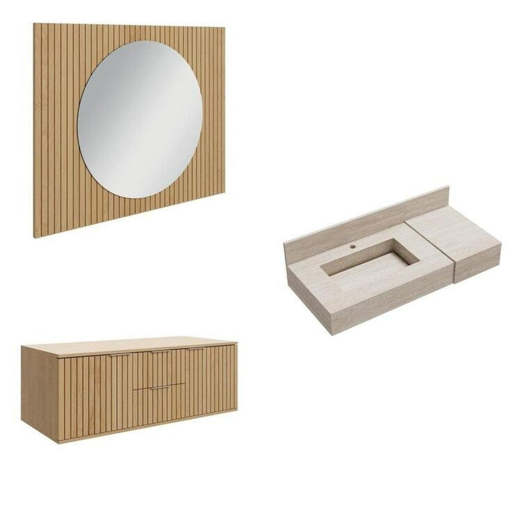 Conjunto para Banheiro Bancada Porcelanato Cuba Esculpida Armário Espelho Ripy Bumi 100cm Amarelo/Wood