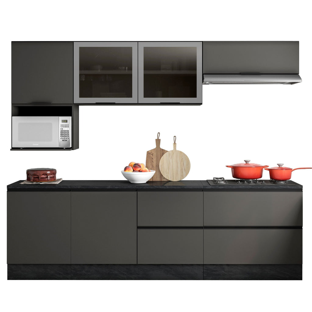 Cozinha Modulada Completa 7 Peças 7 Portas 4 Gavetas com Nicho para Micro-Ondas e Balcão com Tampo Etna Poliman Móveis Grafite Cinza