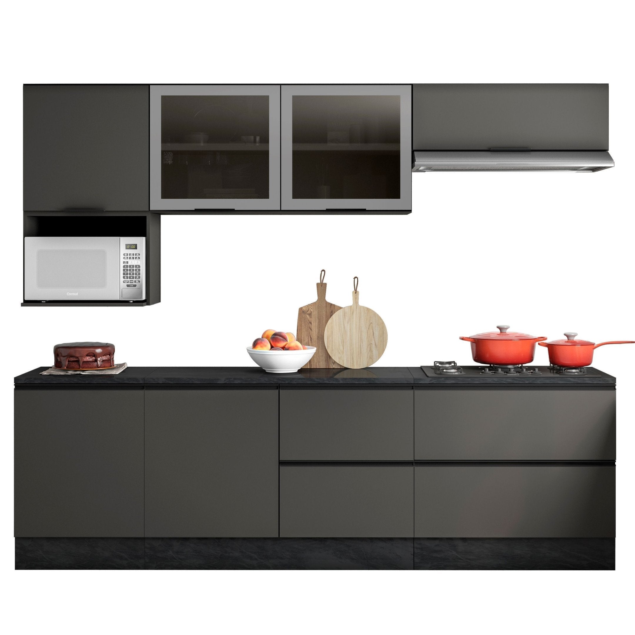 Cozinha Modulada Completa 7 Peças 7 Portas 4 Gavetas com Nicho para Micro-Ondas e Balcão com Tampo Etna Poliman Móveis Grafite Cinza