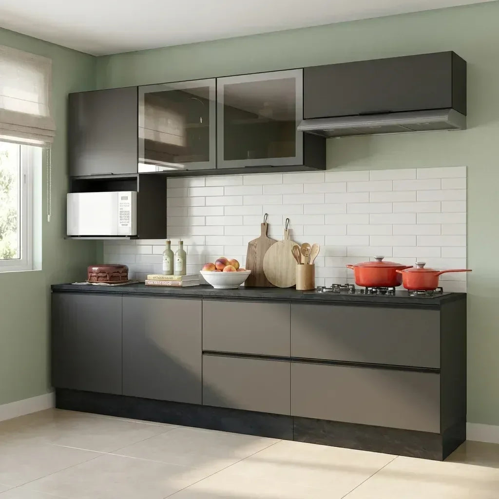 Cozinha Modulada Completa 7 Peças 7 Portas 4 Gavetas com Nicho para Micro-Ondas e Balcão com Tampo Etna Poliman Móveis Grafite Cinza