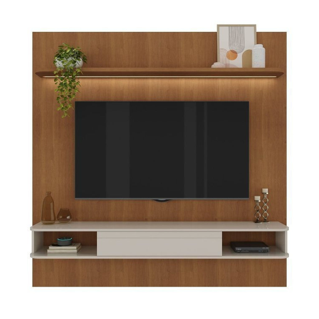 Conjunto Sala de Estar Painel para TV até 75 pol Atenas com Mesa de Centro Onda e Carrinho Bar Brito Marrom