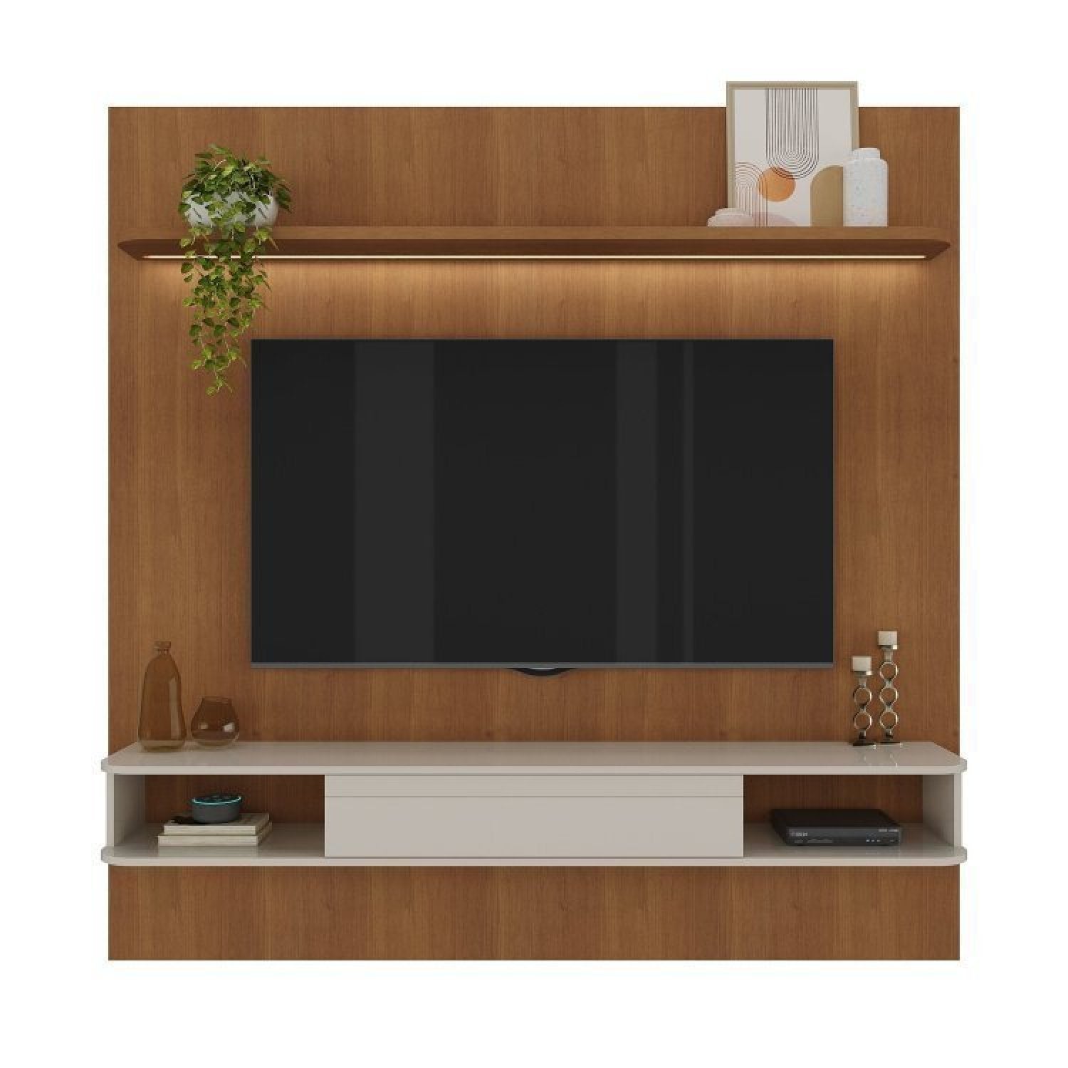 Conjunto Sala de Estar Painel para TV até 75 pol Atenas com Mesa de Centro Onda e Carrinho Bar Brito Marrom