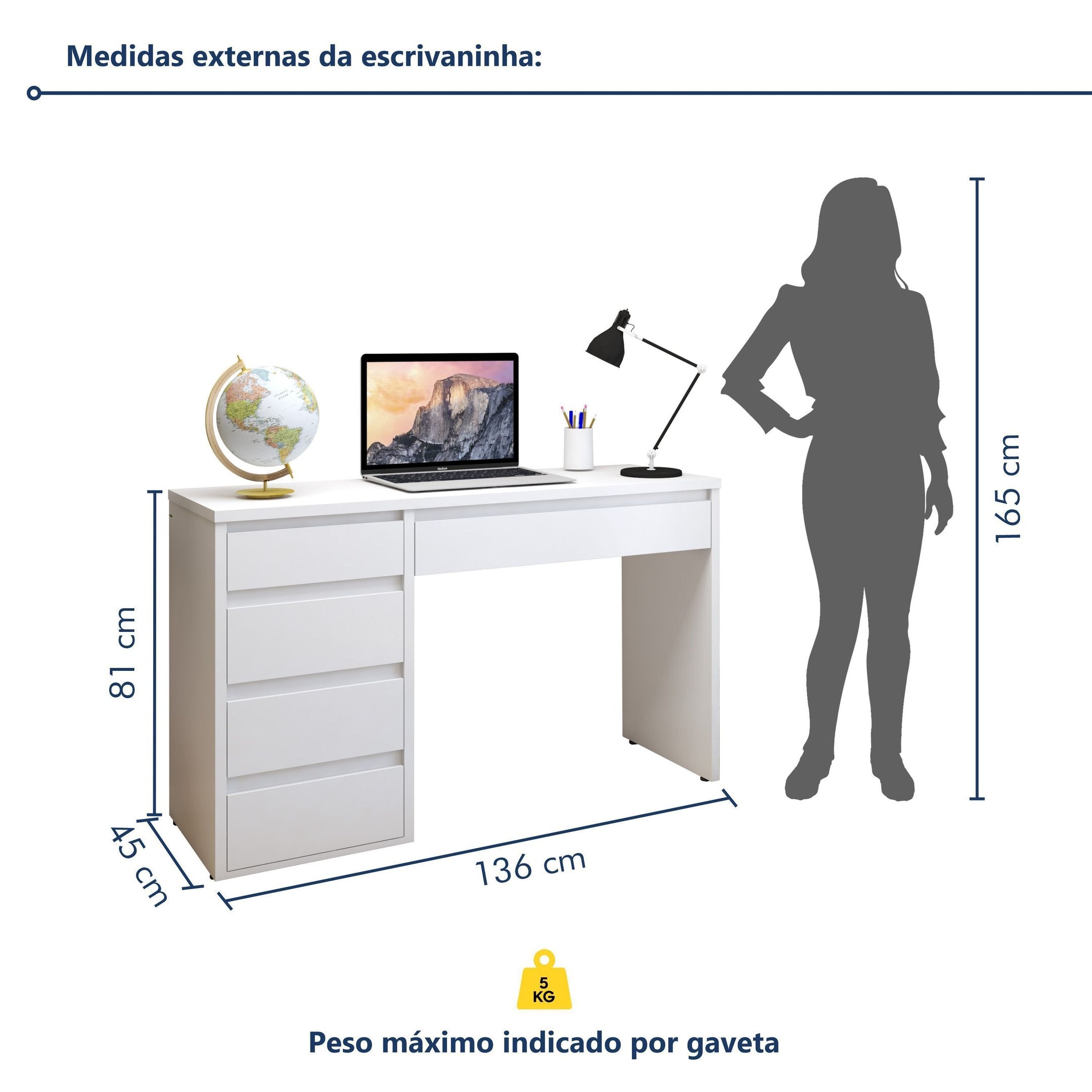 Escrivaninha 100% MDF Berlim 5 Gavetas 136cm Yescasa