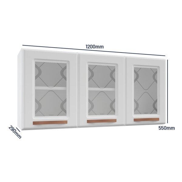 Armário de Cozinha Aéreo Triplo em Aço 3 Portas de Vidro 120cm Mirage New Telasul Branco