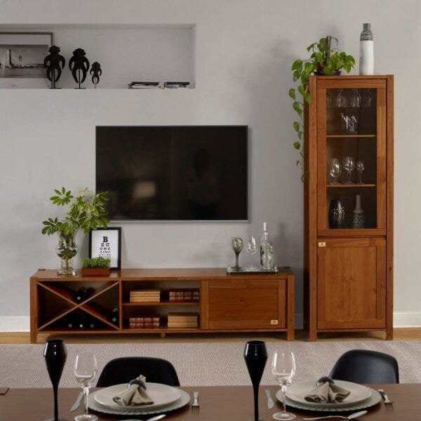 Conjunto Rack e Cristaleira Madeira Maciça Primavera CabeCasa MadeiraOriginals Marrom