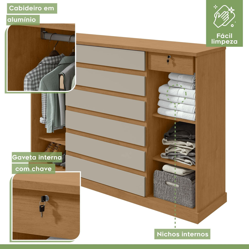 Cômoda 2 Portas 7 Gavetas com Chave e Prateleiras Vedra Móveis Lopas Amêndoa Clean/Off White