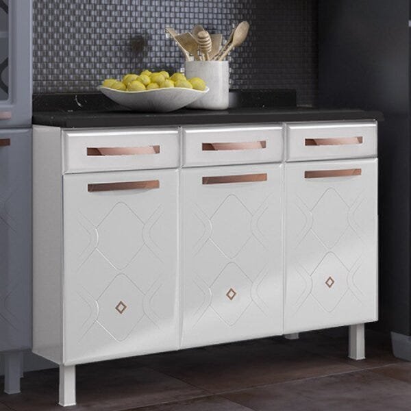 Balcão de Cozinha em Aço Triplo com Tampo 3 Portas 3 Gavetas 120cm Mirage New Telasul Branco