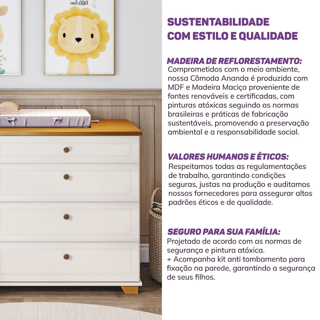 Cômoda 5 Gavetas 1 Porta com Tampo em Madeira Maciça Baby Ananda Casatema MadeiraOriginals Bege/Off-White/Mel