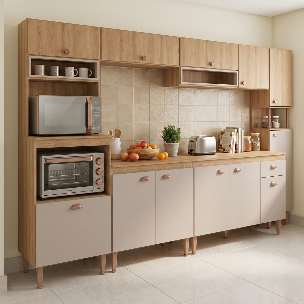 Cozinha Completa Modulada 6 Peças com Paneleiro Torre Quente e Balcão para Pia sem Tampo Marti Yescasa Mel/Fendi Cinza