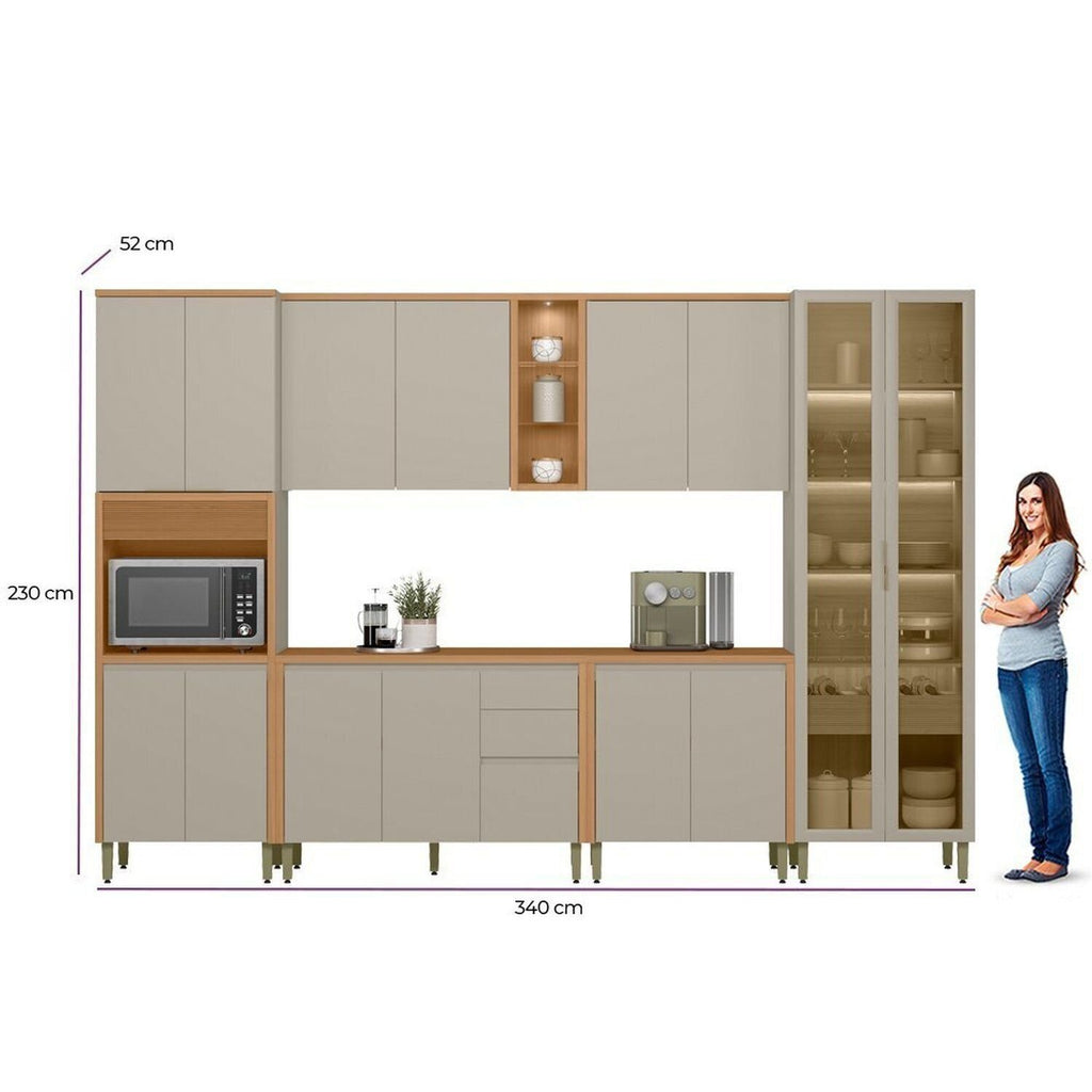 Cozinha Completa Modulada 6 Peças Torre Simples Cristaleira Allure Marrom/Jequitibá/Gris Fosco Linea Brasil
