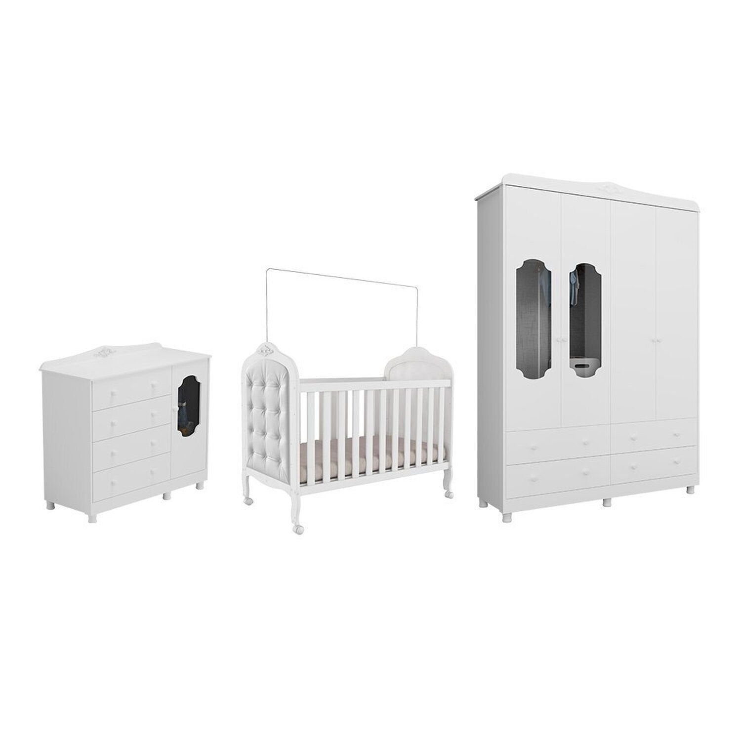 Quarto de Bebê com Guarda-Roupa Cômoda e Berço com Capitonê Maya Provençal 100% MDF Yescasa Branco/B