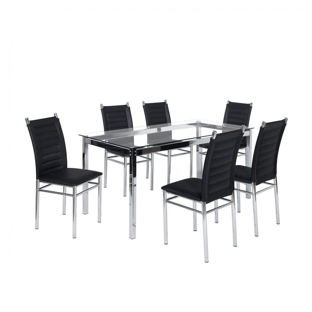 Conjunto Sala de Jantar Mesa Retangular Tampo Vidro Temperado com 6 Cadeiras Aço Tokio Yescasa