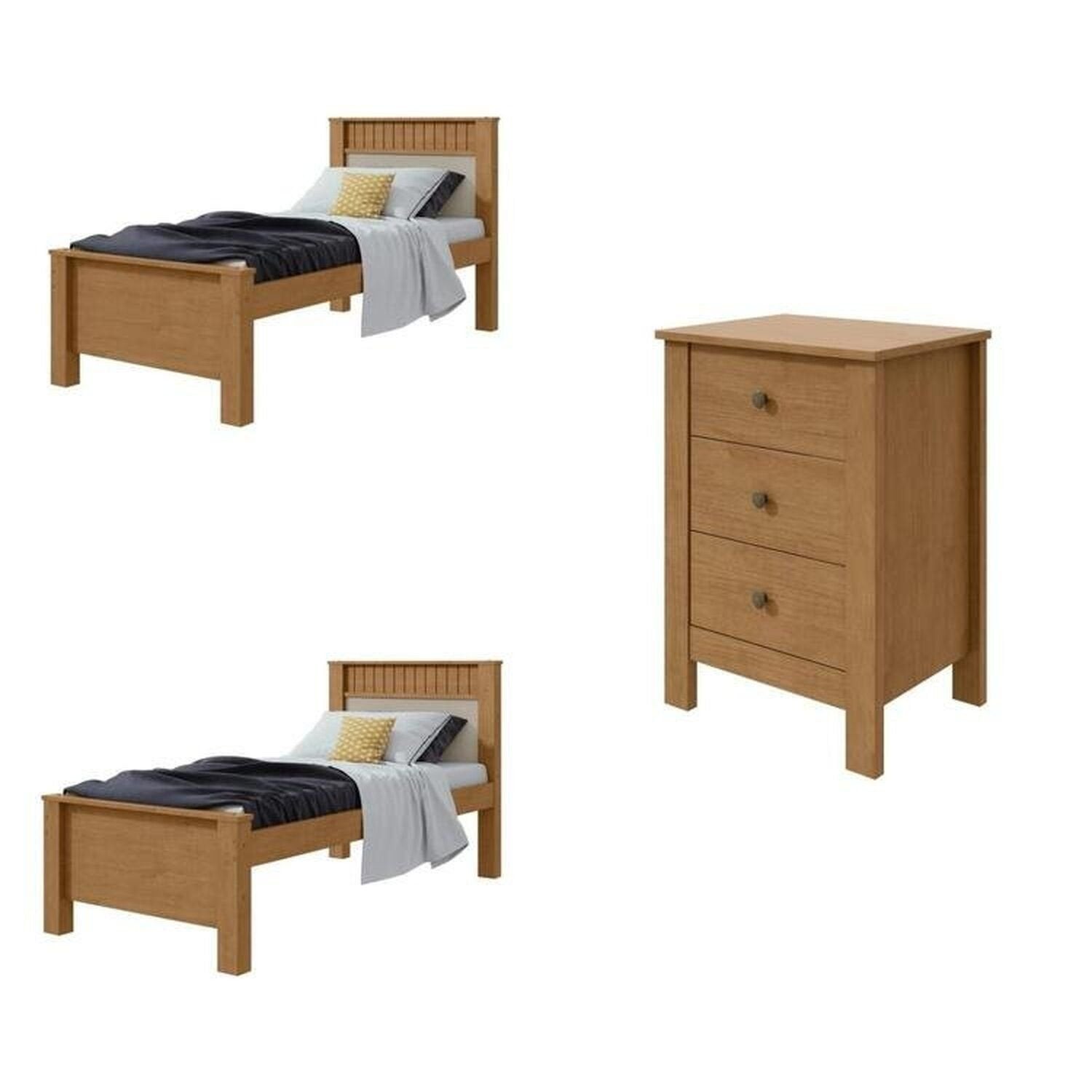 Kit Quarto Infantil 3 Peças com 2 Camas Solteiro e Mesa de Cabeceira Athenas Maggiore Amêndoa Clean